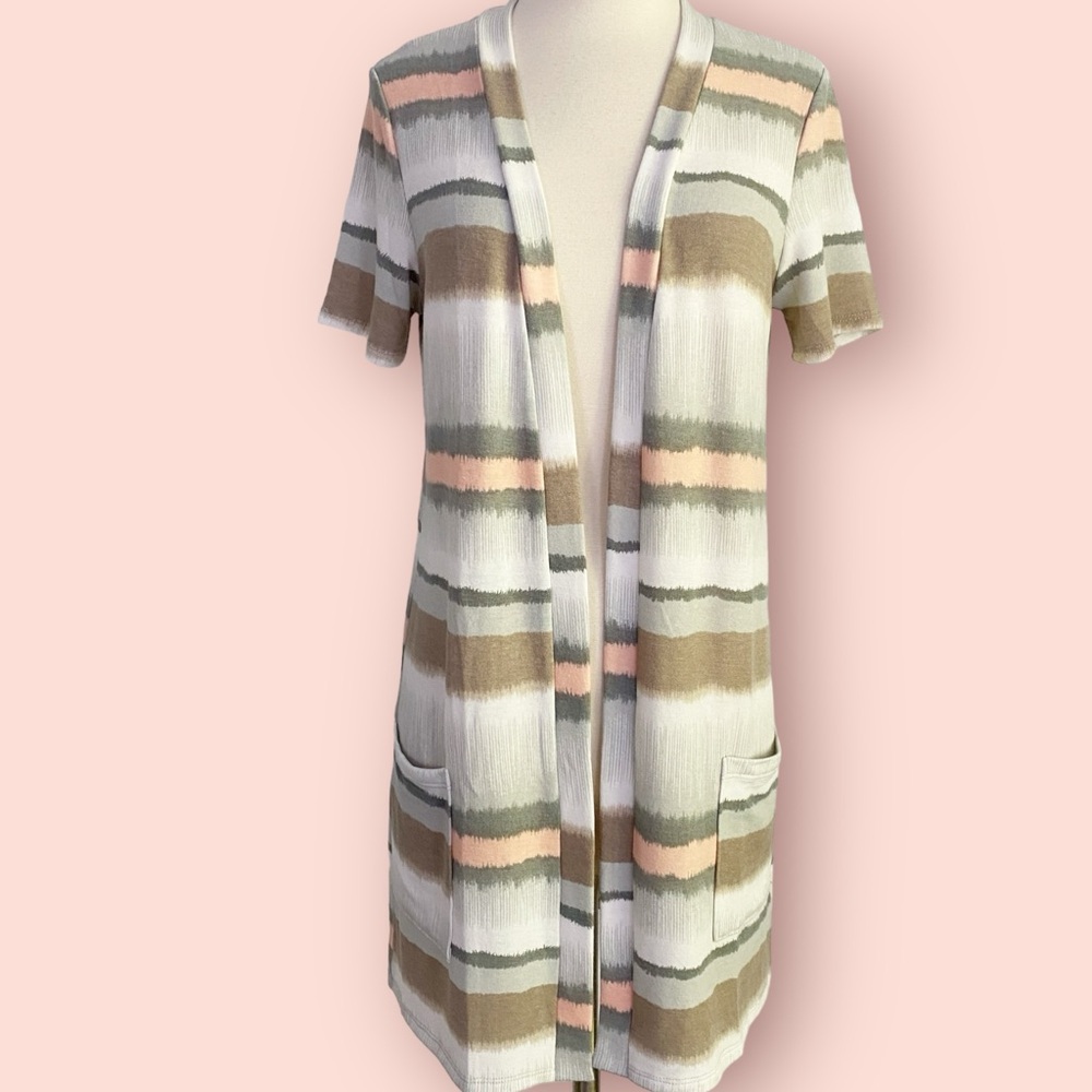 Perfect Peach Open Front French Terry Long Cardigan Women’s S Neutral Stripe